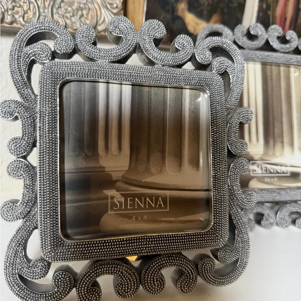 Sienna Ornate Silver Beaded Scroll Picture Frames 4x4 & 3.5x5‎ Set